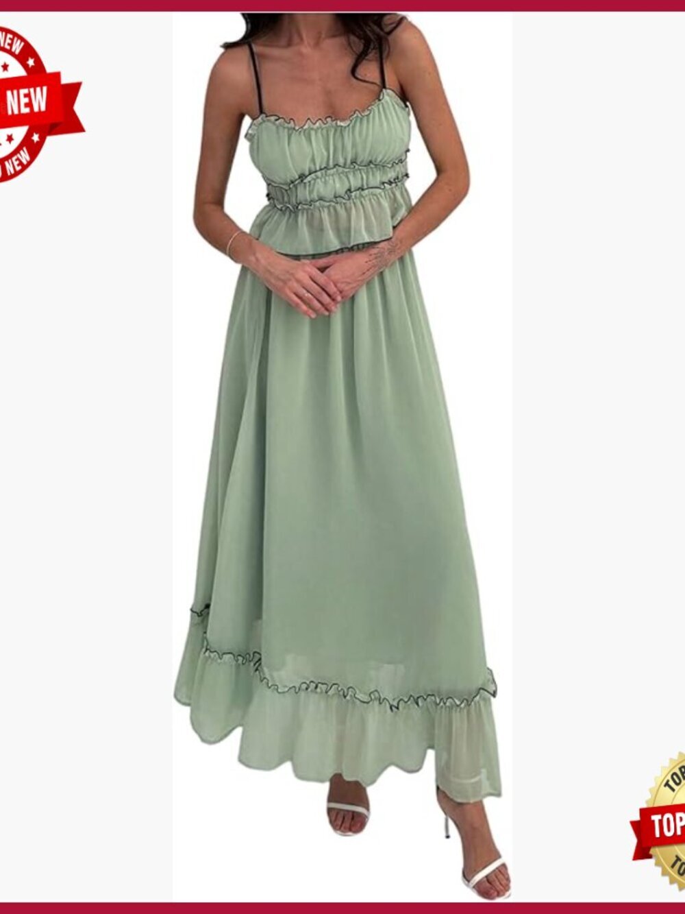 Women's 2-Piece Skirt Set with Ruffle Hem Cami Top and Maxi Skirt